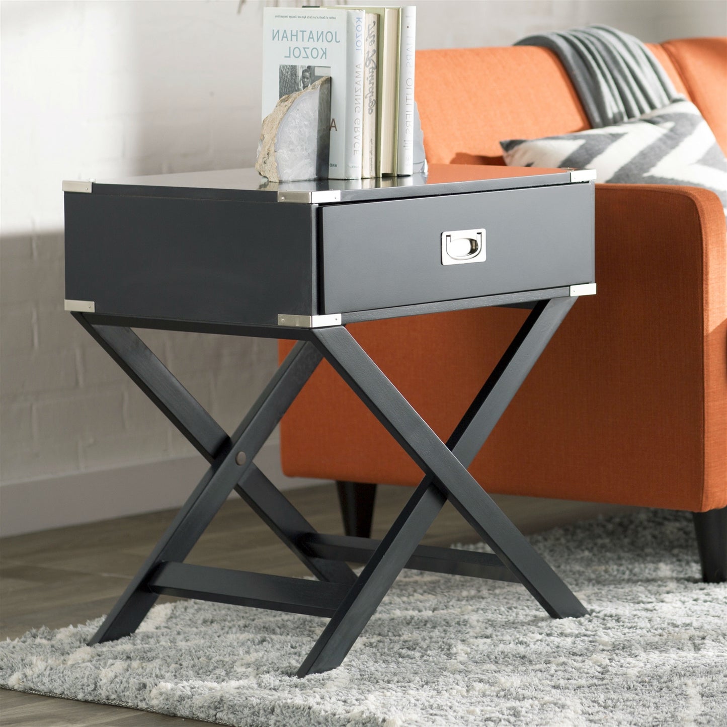 Dark Grey 1-Drawer End Table Nightstand with Modern Classic X Style Legs