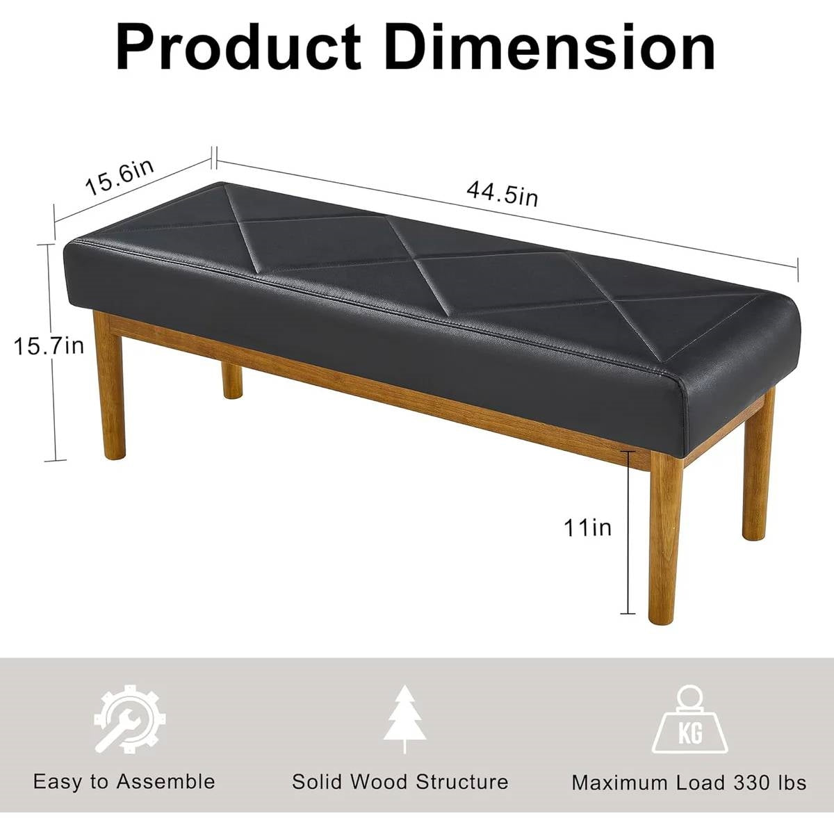Modern Black Faux Leather Bench with Wood Legs - Bedroom Entryway Living Room