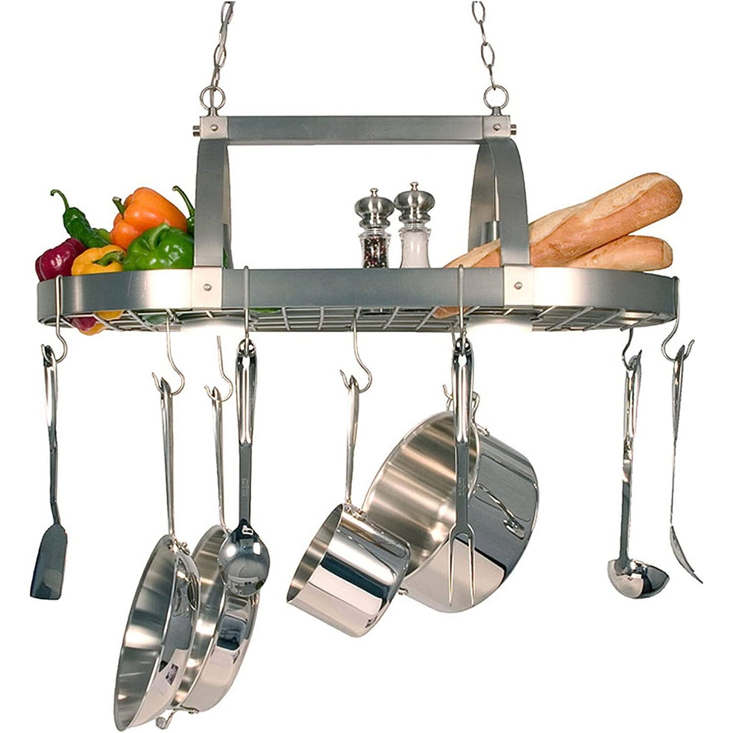 Rustic 2 Light Brushed Nickel 10 Hook Ceiling Mounted Hanging Pot Rack