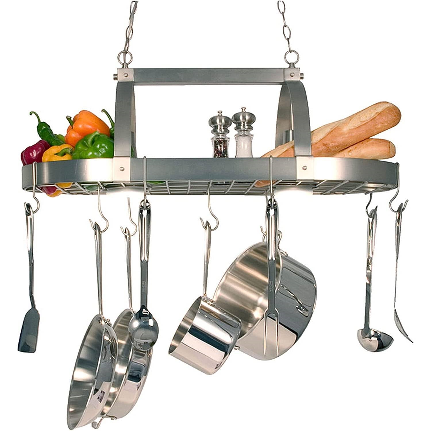 Rustic 2 Light Brushed Nickel 10 Hook Ceiling Mounted Hanging Pot Rack