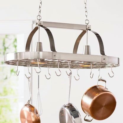 Rustic 2 Light Brushed Nickel 10 Hook Ceiling Mounted Hanging Pot Rack
