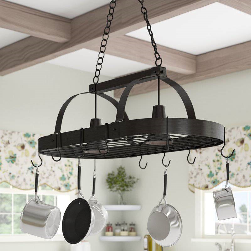 Rustic 2 Light Bronze 10 Hook Ceiling Mounted Hanging Pot Rack