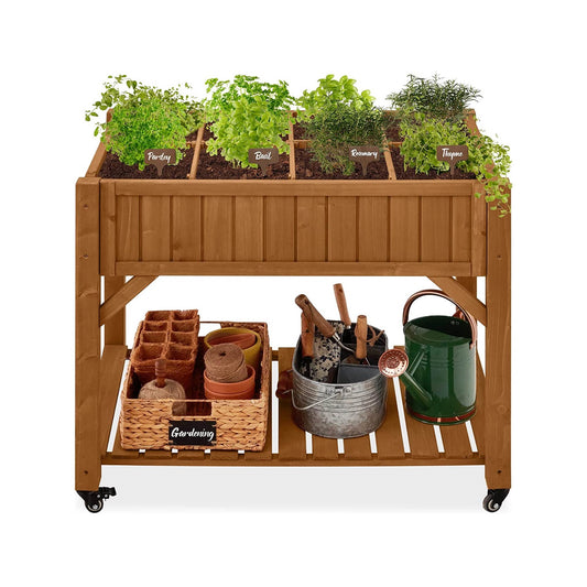 Customizable Elevated Fir Wood Wheeled Planter Garden
