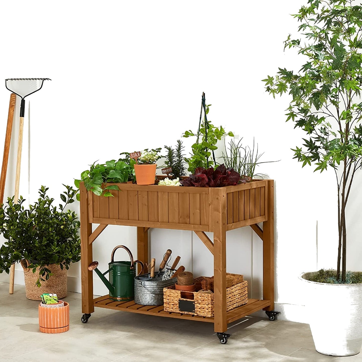 Customizable Elevated Fir Wood Wheeled Planter Garden