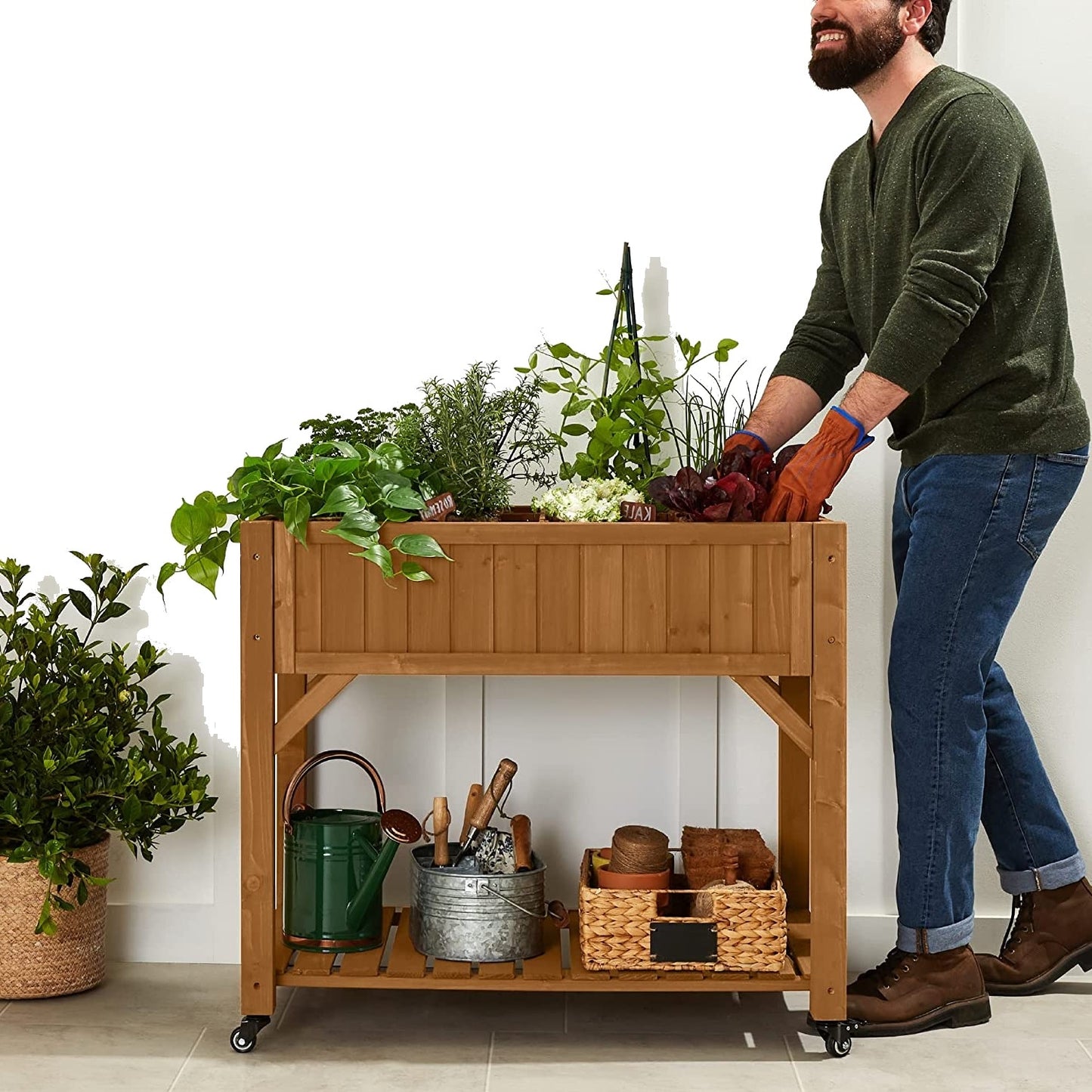 Customizable Elevated Fir Wood Wheeled Planter Garden