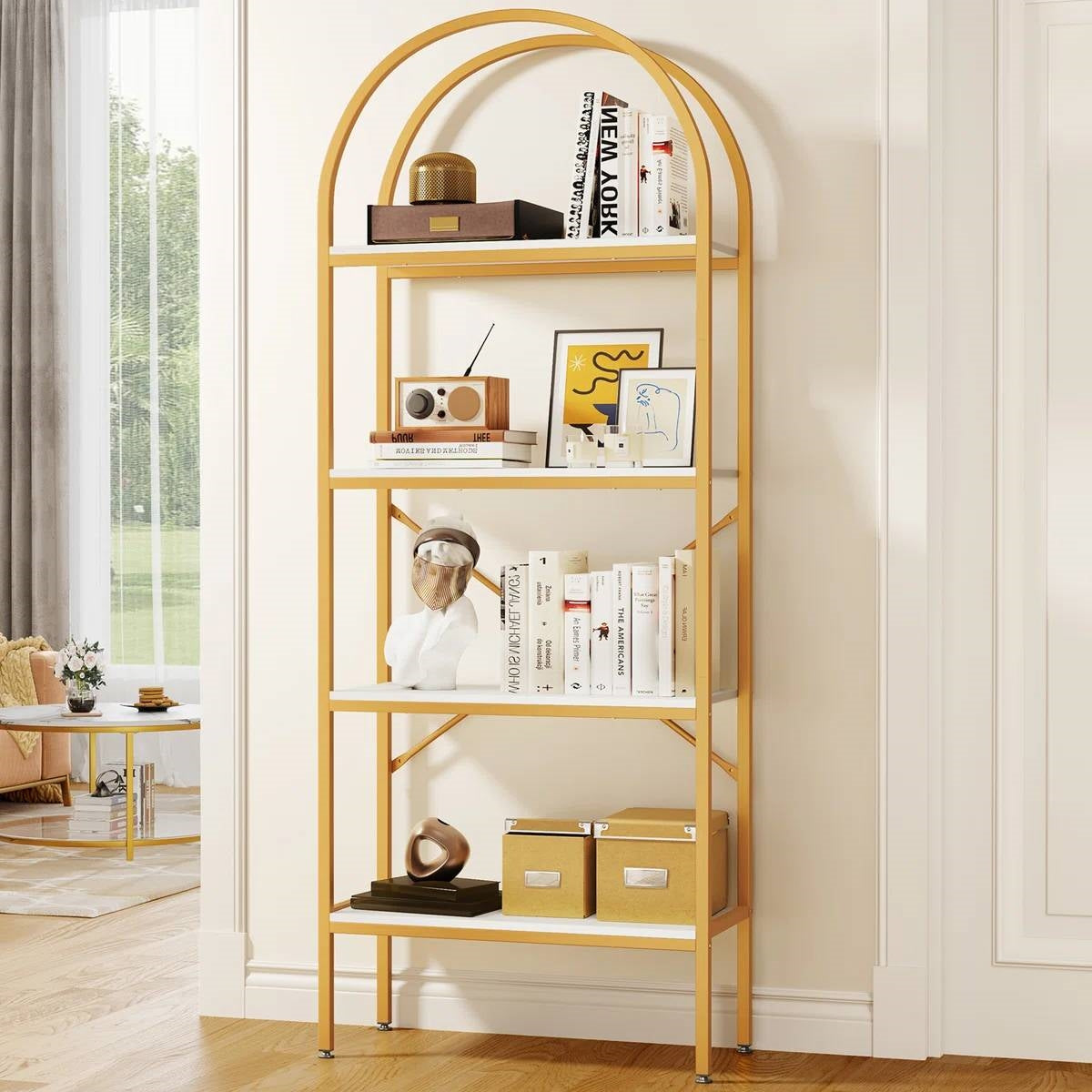 Modern Arched Top Gold Frame Display Rack Bookcase with White Storage Shelves