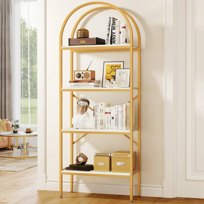 Modern Arched Top Gold Frame Display Rack Bookcase with White Storage Shelves
