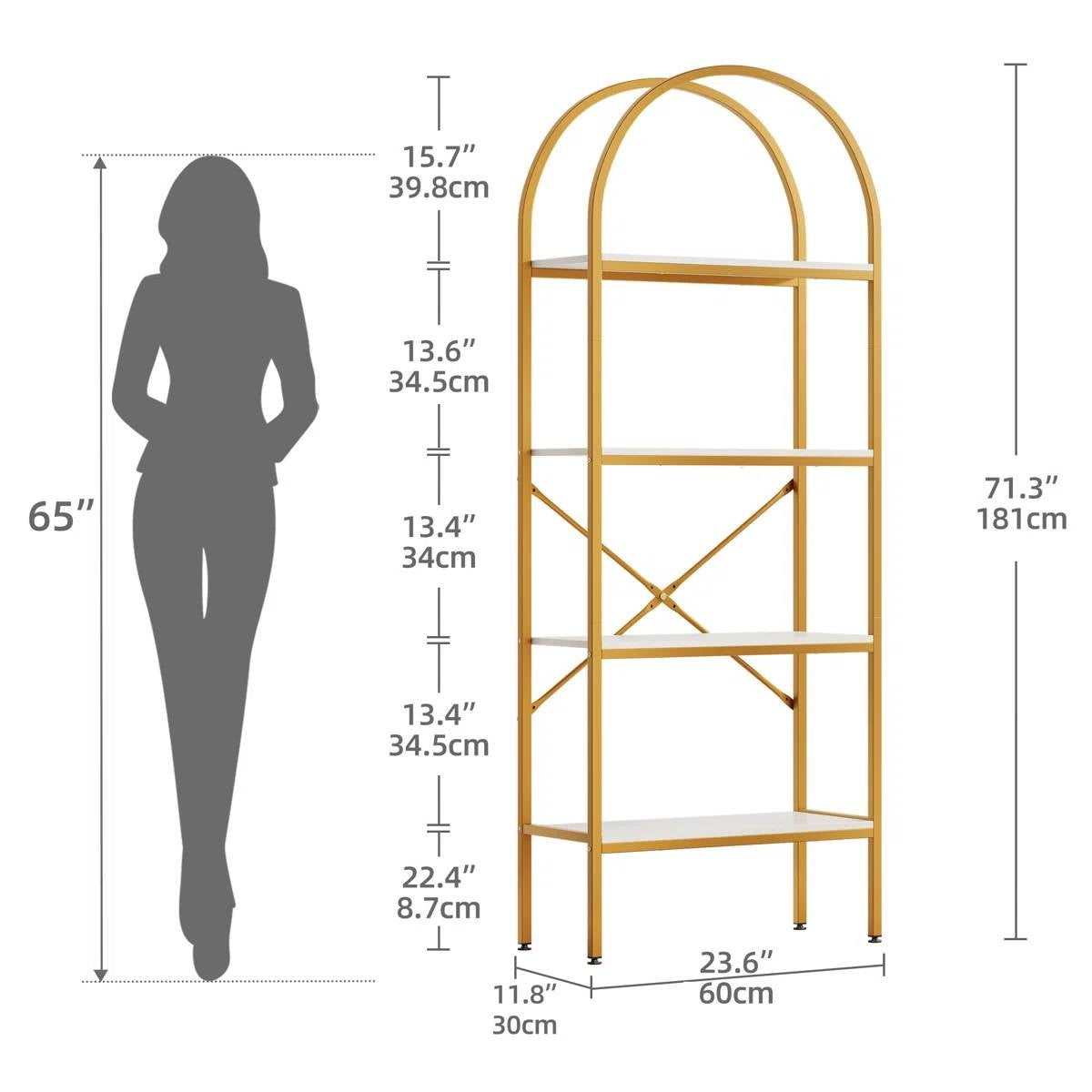 Modern Arched Top Gold Frame Display Rack Bookcase with White Storage Shelves