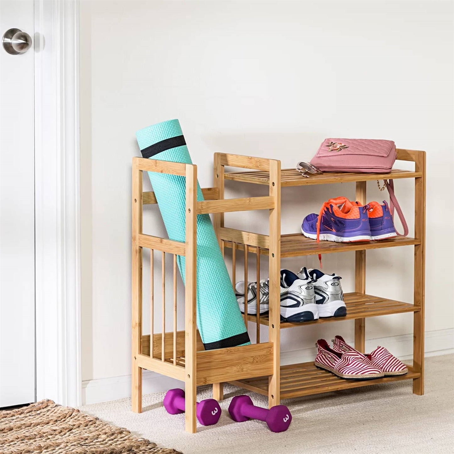 2-in-1 Entryway 4-Shelf Bamboo Shoe Rack and Umbrella Holder