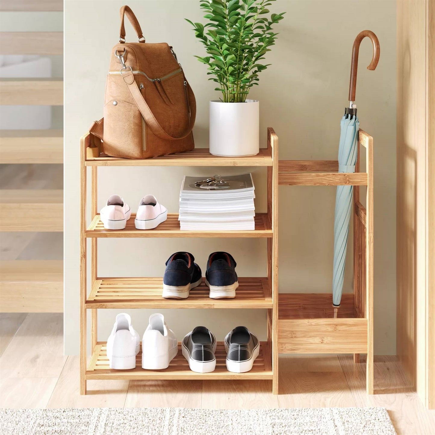 2-in-1 Entryway 4-Shelf Bamboo Shoe Rack and Umbrella Holder