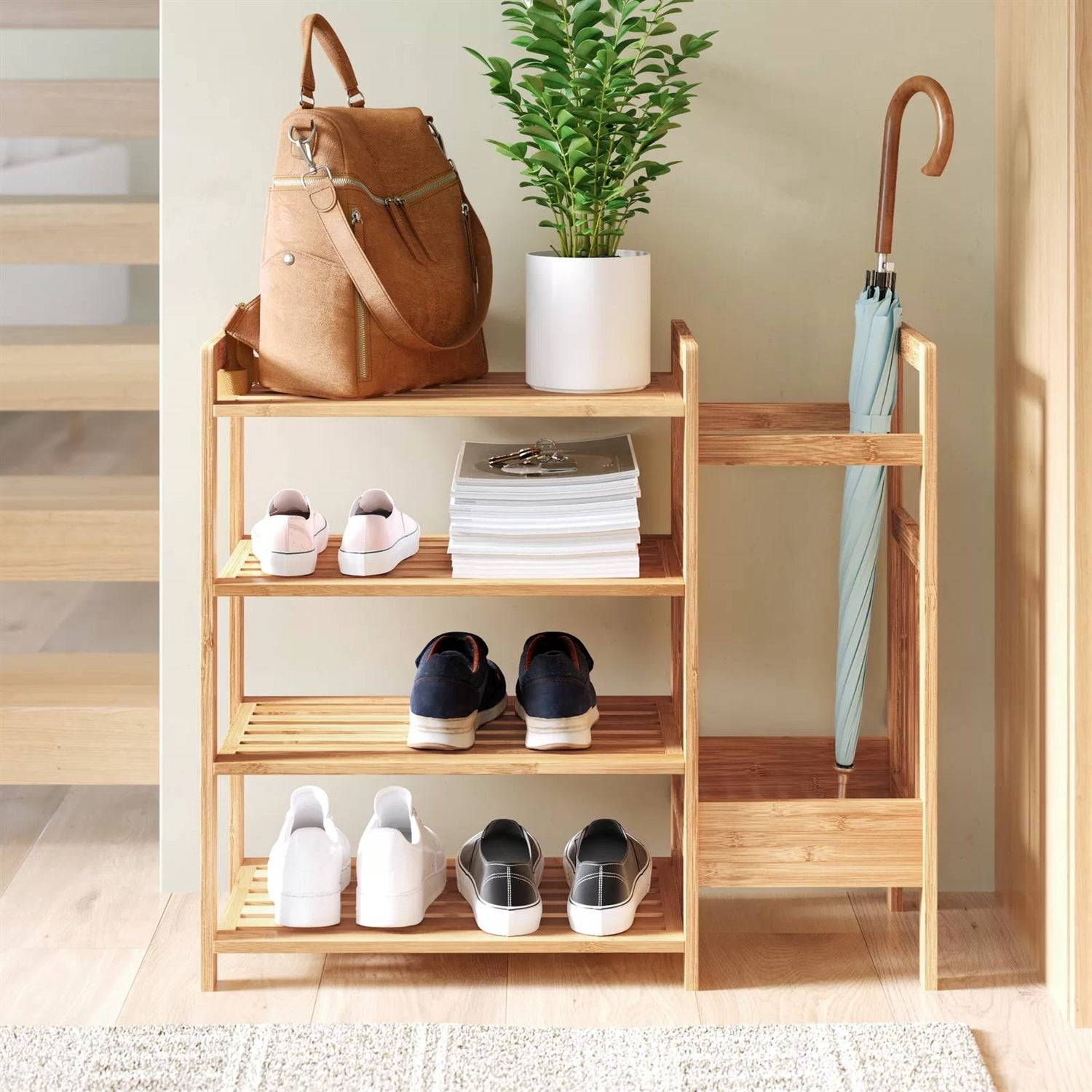 2-in-1 Entryway 4-Shelf Bamboo Shoe Rack and Umbrella Holder
