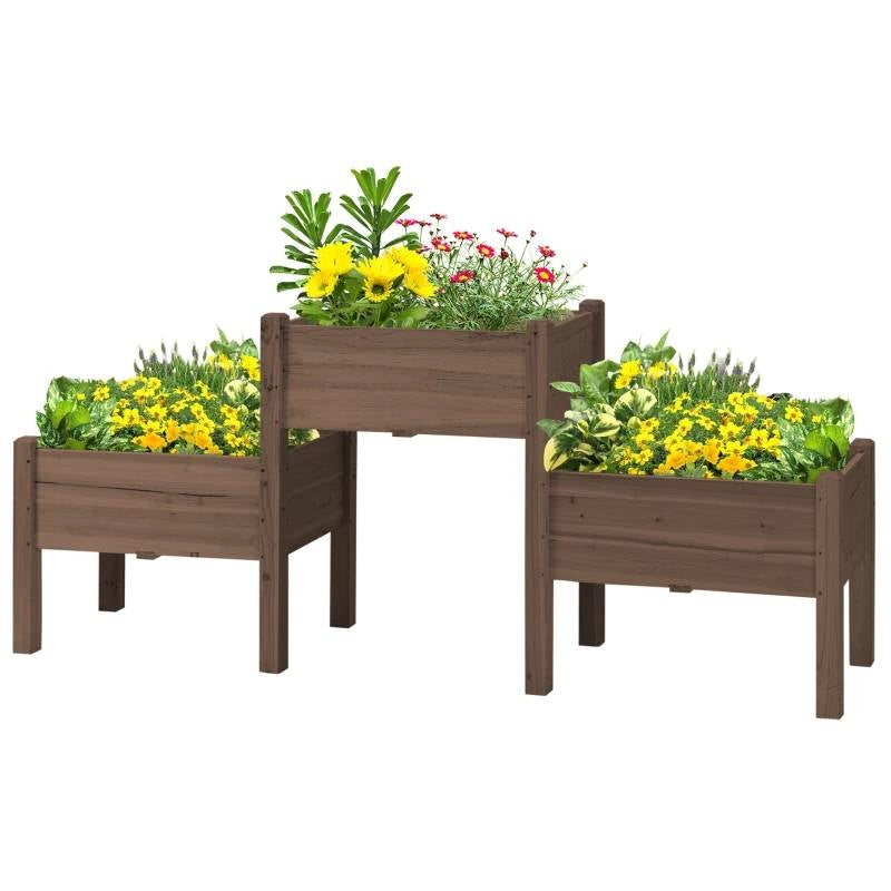 FarmHouse 3 Wooden Elevated Planter Raised Garden Beds in Brown