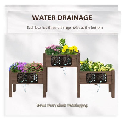 FarmHouse 3 Wooden Elevated Planter Raised Garden Beds in Brown