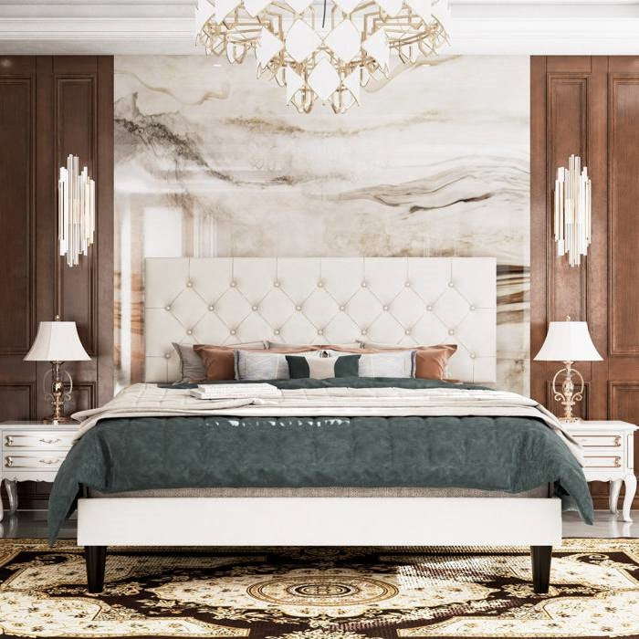 Full Size Adjustable Height White Faux Leather Tufted Low Profile Platform Bed