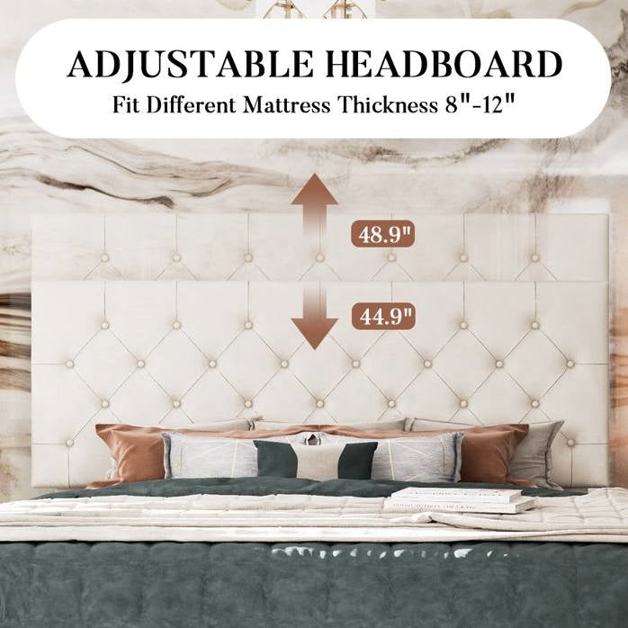 Full Size Adjustable Height White Faux Leather Tufted Low Profile Platform Bed