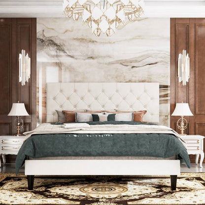 Queen Size Adjustable Height White Faux Leather Tufted Low Profile Platform Bed