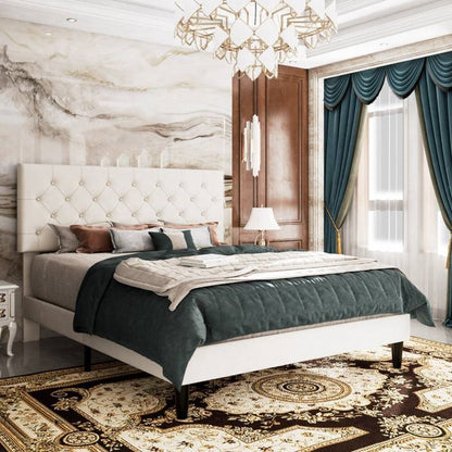Queen Size Adjustable Height White Faux Leather Tufted Low Profile Platform Bed