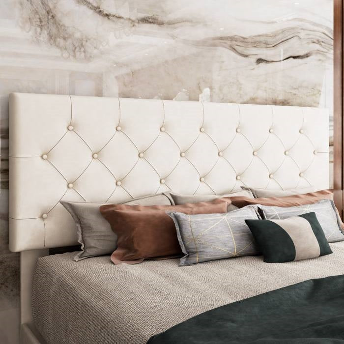 Queen Size Adjustable Height White Faux Leather Tufted Low Profile Platform Bed
