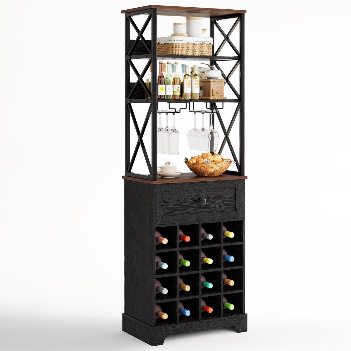 Black/Brown Wine Bottle &amp; Glass Rack Cabinet Bar Storage
