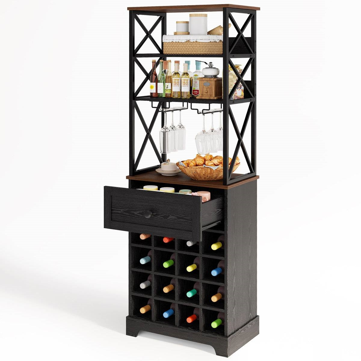 Black/Brown Wine Bottle &amp; Glass Rack Cabinet Bar Storage