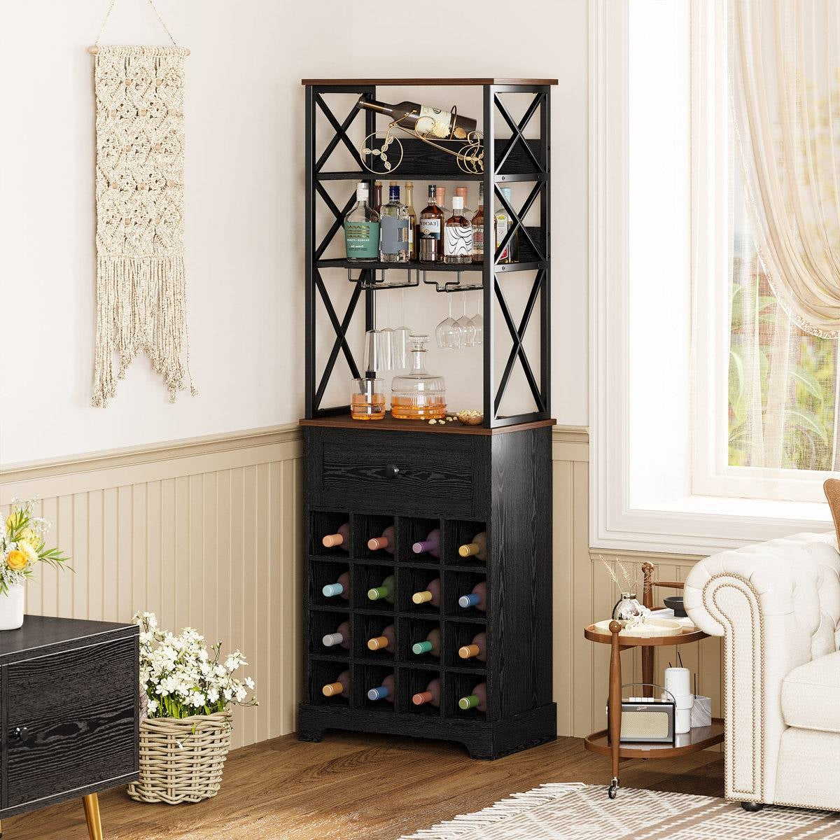 Black/Brown Wine Bottle &amp; Glass Rack Cabinet Bar Storage
