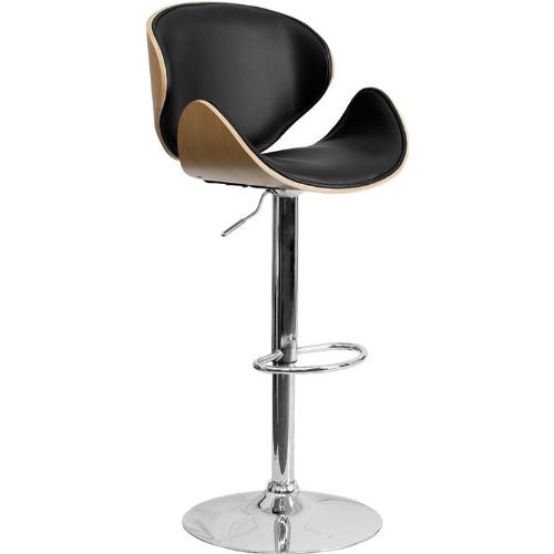 Modern Adjustable Height Barstool with Curved Black Vinyl Seat &amp; Back