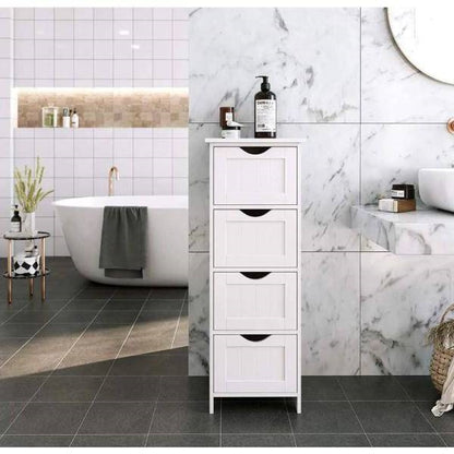 Modern Farmhouse 4-Drawer Bathroom Linen Floor Cabinet in White Wood Finish
