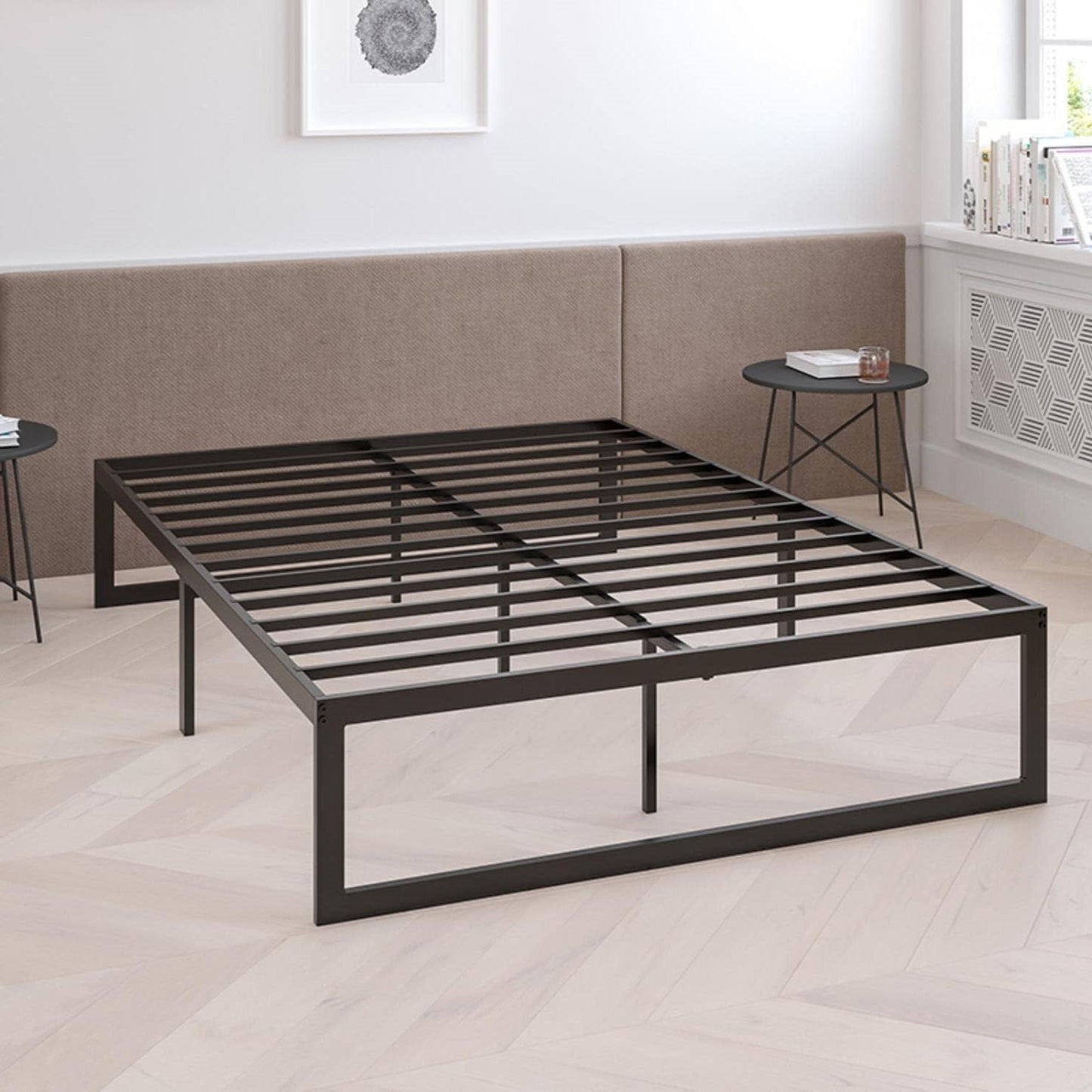 Queen Size 14 Inch Black Metal Steel Slat Platform Bed