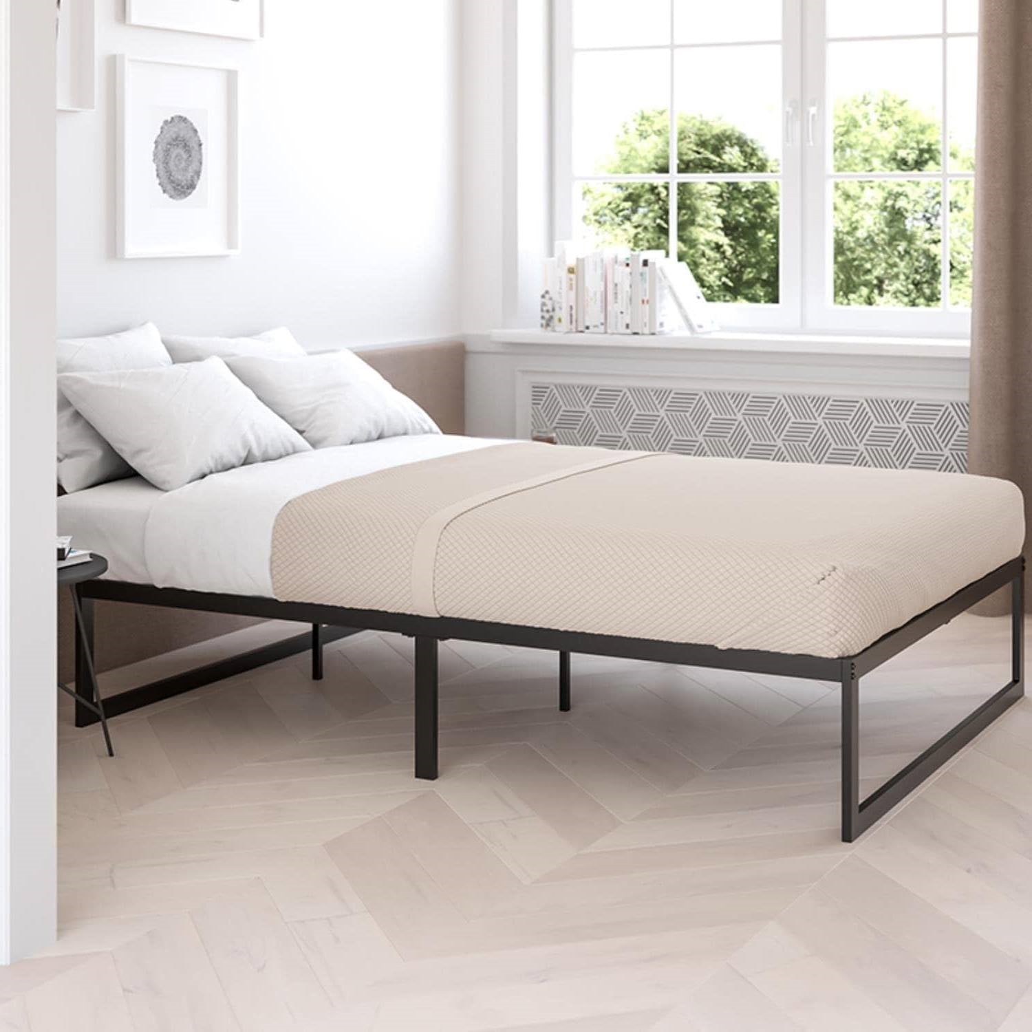 Queen Size 14 Inch Black Metal Steel Slat Platform Bed