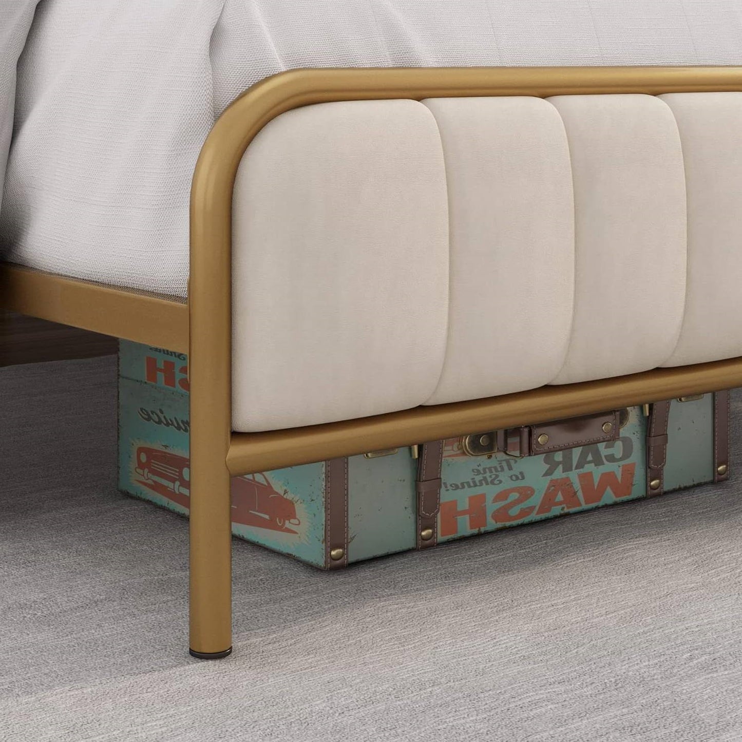 Full size Gold Metal Platform Bed Frame with Off-White Upholstered Headboard