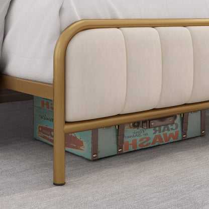 Full size Gold Metal Platform Bed Frame with Off-White Upholstered Headboard