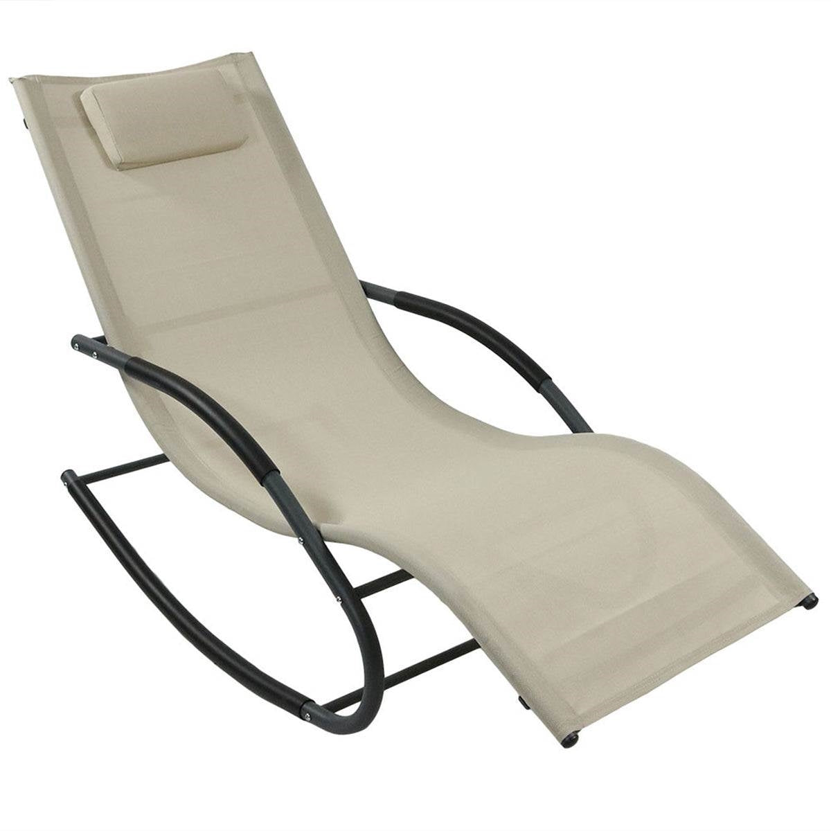Set of 2 - Rocking Chair Chaise Patio Lounger with Pillow, Beige