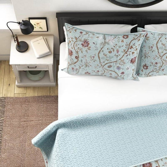 2 Piece FarmHouse Blue Flowers/Vines Cotton Reversible Quilt Set, Twin XL