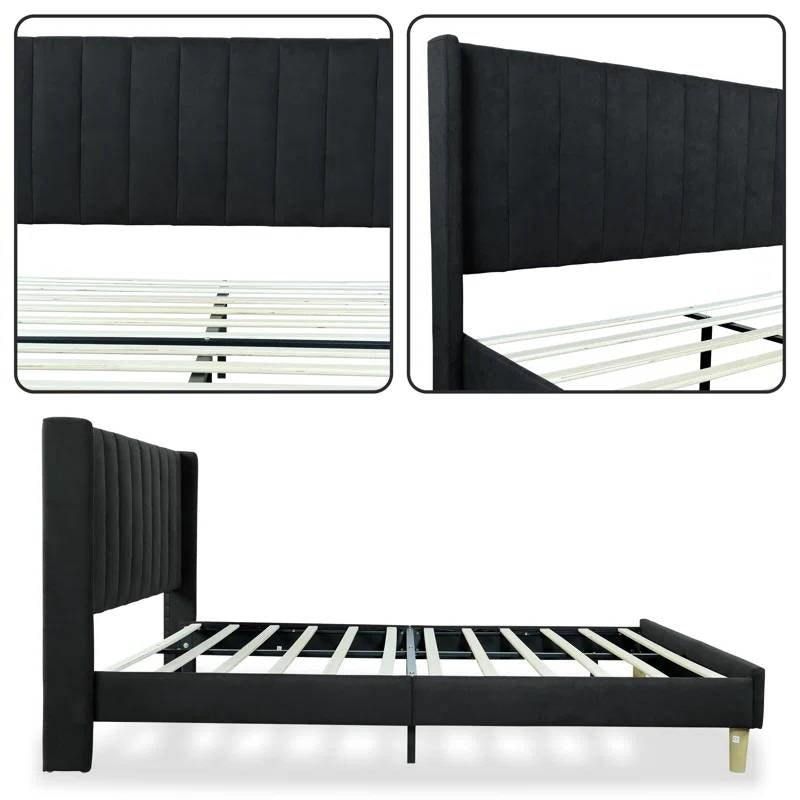 Full size Mid-Century Black Linen Platform Bed Frame with Upholstered Headboard