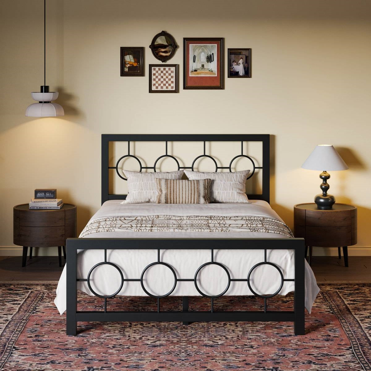 Full Size Modern Circle Medallion Black Metal Platform Bed Frame