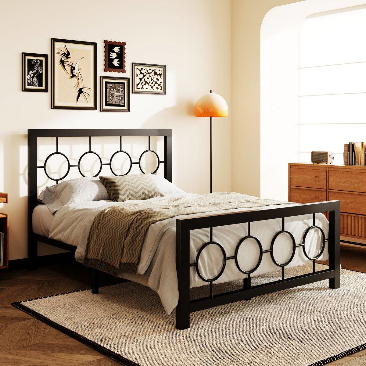 Full Size Modern Circle Medallion Black Metal Platform Bed Frame