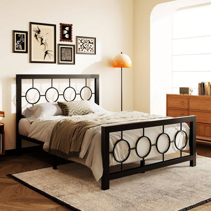 Full Size Modern Circle Medallion Black Metal Platform Bed Frame