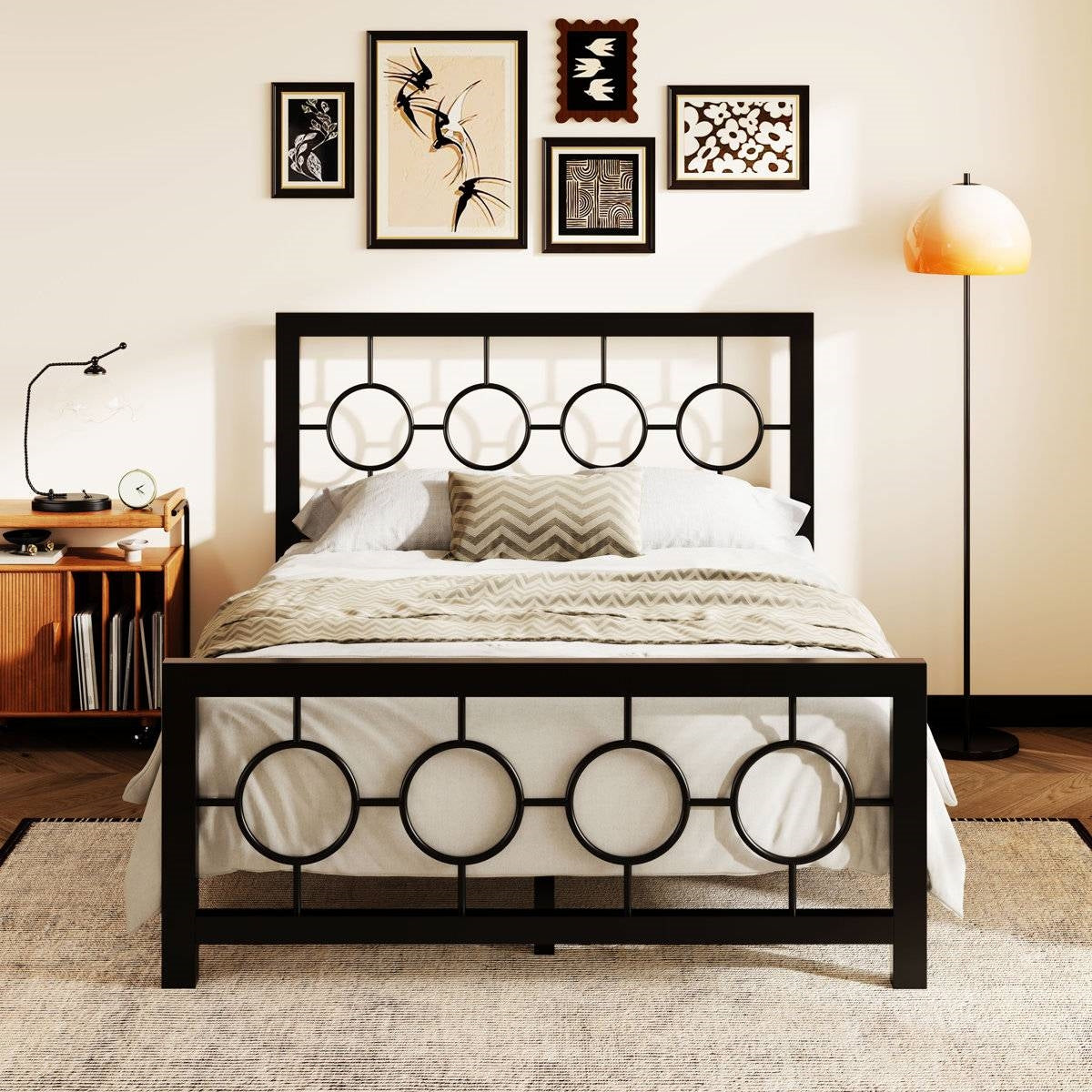 Full Size Modern Circle Medallion Black Metal Platform Bed Frame
