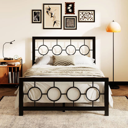 Full Size Modern Circle Medallion Black Metal Platform Bed Frame