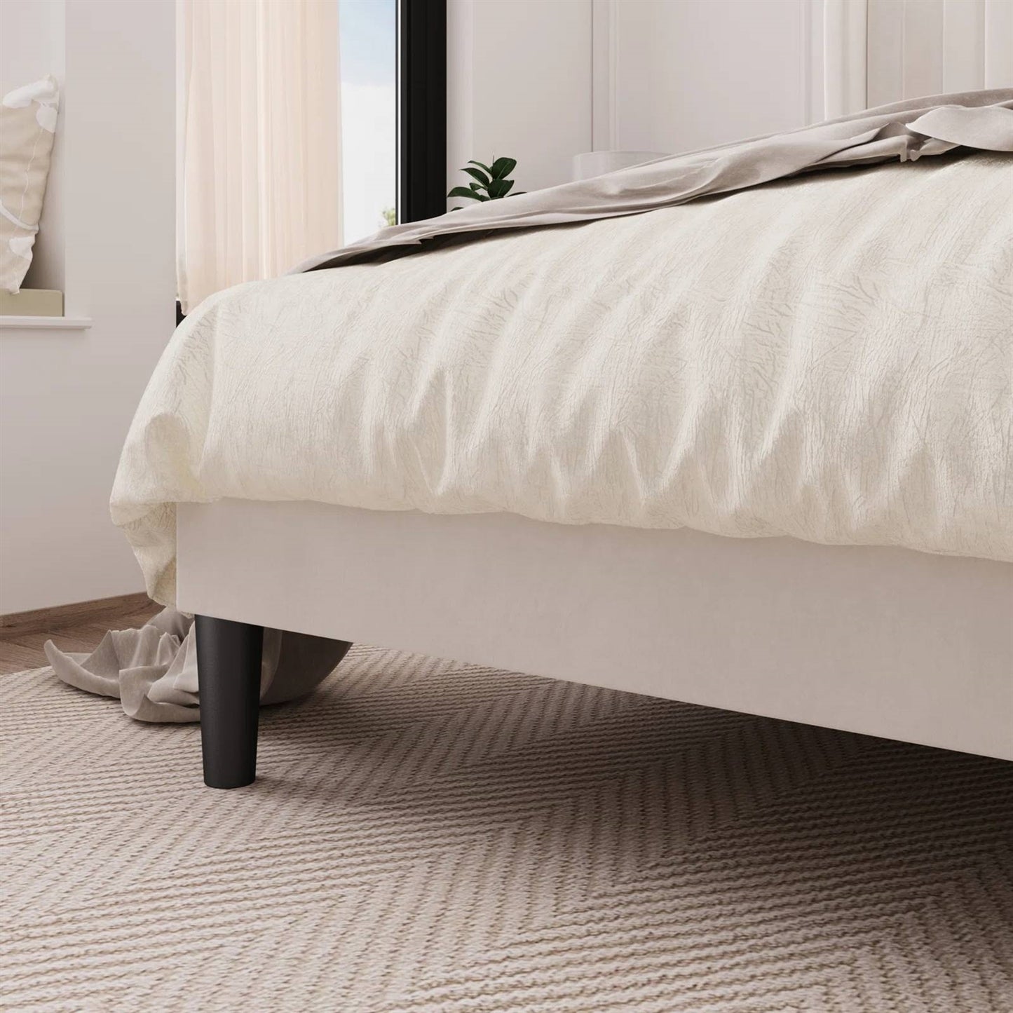 Full size White Velvet Upholstered Platform Bed Frame with Wingback Headboard