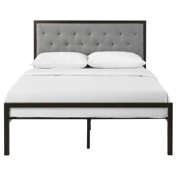 Full size Metal Platform Bed with Grey Upholstered Button Tufted Fabric Headboard