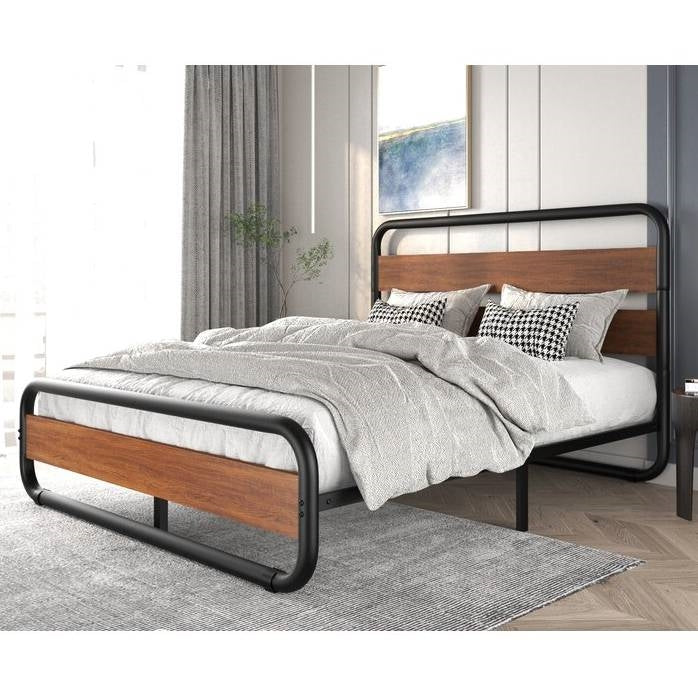 Full Heavy Duty Modern Industrial Metal Wood Platform Bed Frame with Headboard