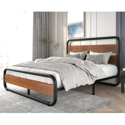 Full Heavy Duty Modern Industrial Metal Wood Platform Bed Frame with Headboard