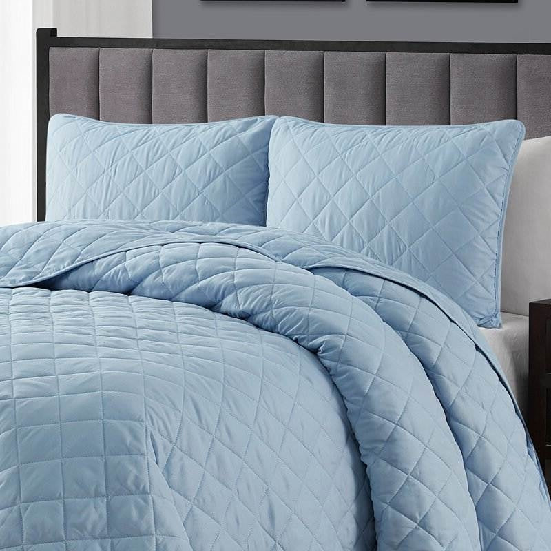 Full/Queen, Blue FarmHouse Microfiber Diamond Quilt Set