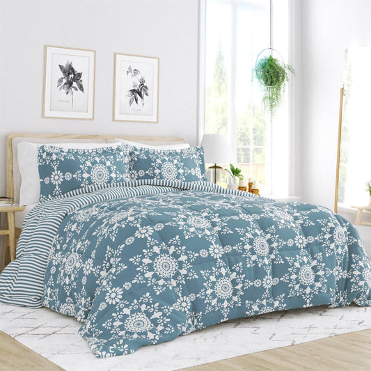 Full/Queen 3 Piece Blue Reversible Daisy Medallion Striped Comforter Set