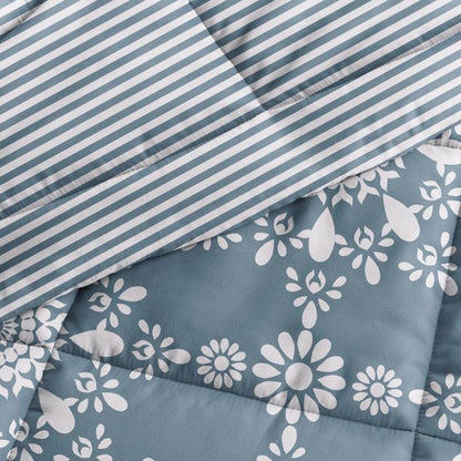 Full/Queen 3 Piece Blue Reversible Daisy Medallion Striped Comforter Set