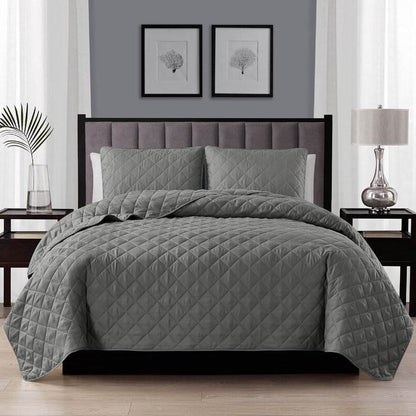 Full/Queen, Grey FarmHome Microfiber Diamond Quilt Set