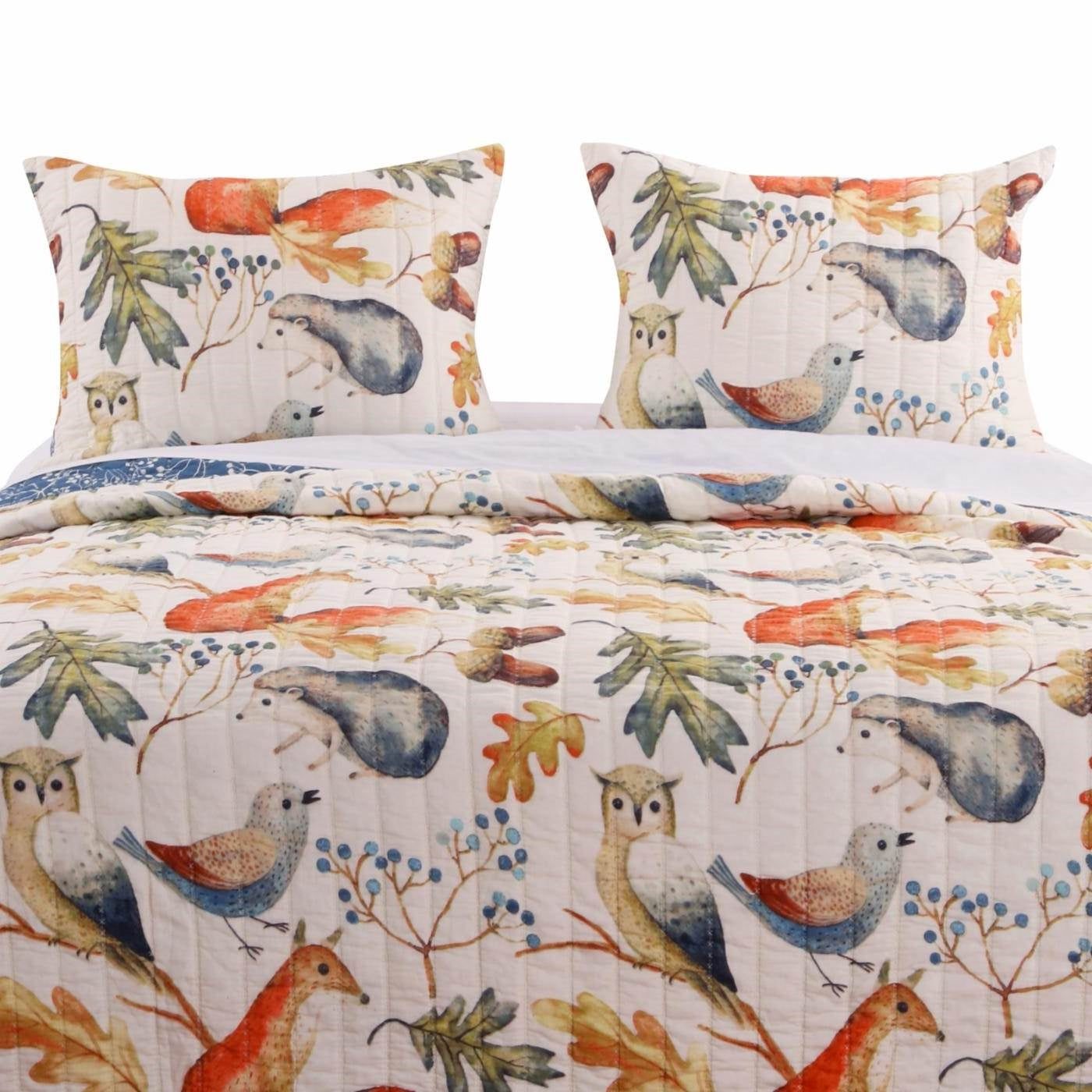 3 Piece Farmhouse Blues Friendly Animals Cotton Reversible Quilt Set, Full/Queen