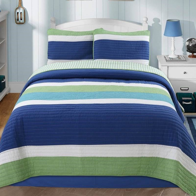 Full/Queen Size Navy/Green/White Stripe 100% Cotton Quilt Set