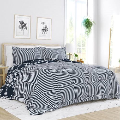 Full/Queen 3 Piece Navy Reversible Daisy Medallion Striped Comforter Set